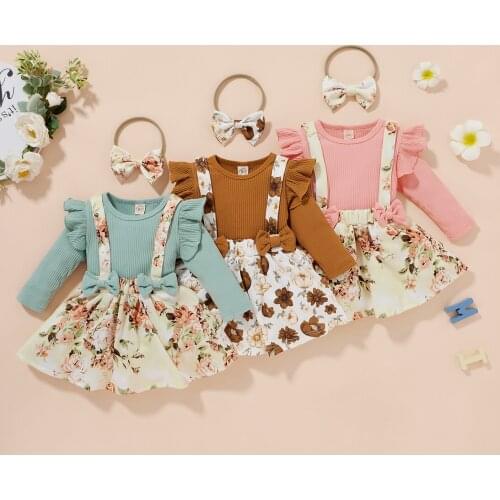 Lioraitiin 0-4Years Toddler Baby Girl Flying Sleeves Suspender Skirt Bow Headband Flower Pattern Elastic Waist Spring Clothing