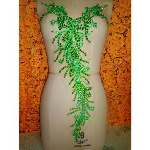 ZBROH Pure hand made green sew on Rhinestones applique crystals patches 58*28cm dress accessory