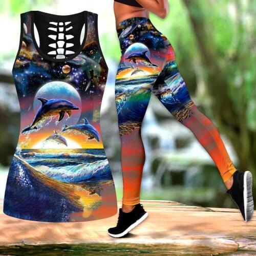 Animal Dolphin Lovers 3D All Over Printed Hollow Tank Top & Leggings Set Fitness Female Full Length Leggings Running Pants DDK54