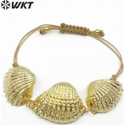 WT-B441 WKT Natural scallop shell bracelet random size white scallop with gold dipped adjustable rope women bracelet