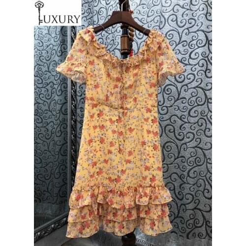 Club 2020 Summer Fashion High Quality Ladies V-Neck Sweet Little Flower Print Cascading Ruffle Sexy Dress Mini