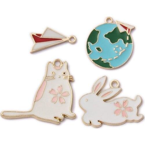 10PC Cute Lovely Cat Rabbit Paper Airplane Earth Enamel Charms for Jewelry Making Bulk Support Drop Shopper