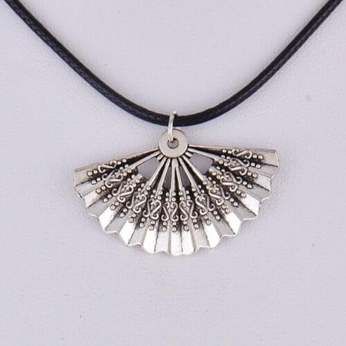 33X21MM Antique tibetan silver color bronze ethnic hand fan pendant necklace women choker wax cord rope necklace jewelry fashion
