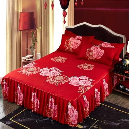 Non-slip Printed Bed Skirt 3pcs Ruffle Bed Mattress Cover Sheet Home Bedding Set Linens Bedspread with Pillowcase Bed Spreads