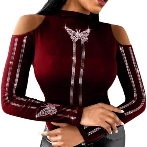 Blouse Women Cold Shoulder Long Sleeve Cotton Blend Women Studded Butterfly Blouse for Autumn Tops White clothes Blouses Female