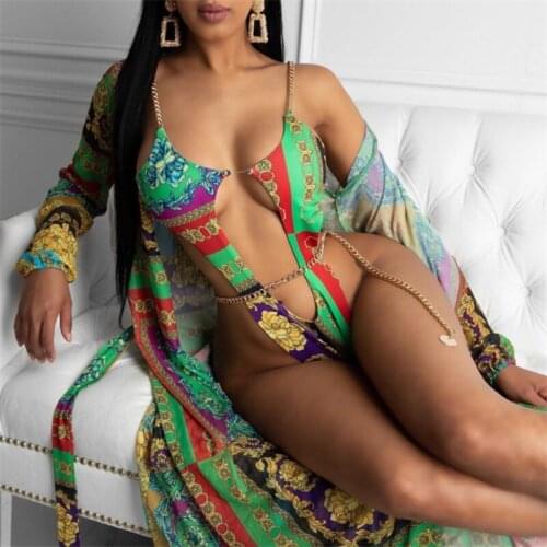 One Piece Sexy Bikini Cut Swimsuit Women Chain Hollow Out Print Swimwear Female Halter High Swim Bather Suit Biquini