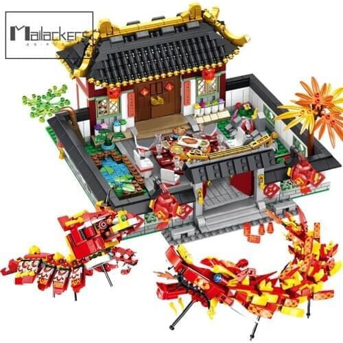 Mailackers Idea Chinese New Year Street View House Bricks Animal Figure Dragon Lion Dances Building Blocks Architecture Kid Toys
