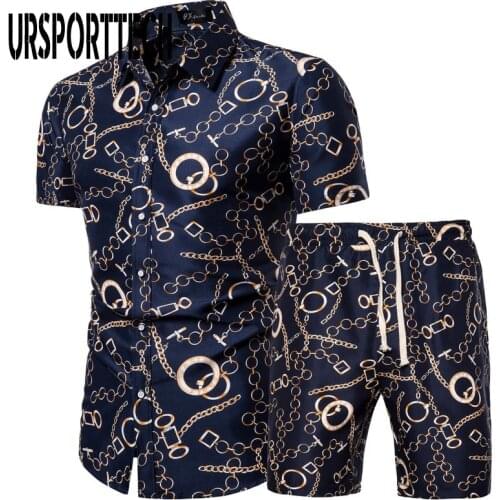 Mens clothing Summer Set Men Shorts Set Print Hawaiian Shirt and Shorts Beach Wear Holiday Clothes Outfit Male Two Piece Set