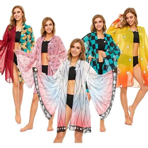 Demon Slayer Cosplay Kimetsu no Yaiba Kamado Tanjirou Cosplay Two Piece V Neck Bathing Suit Swimsuit with Sheer Kimono Cardigan