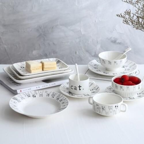 Zakka tableware cat breakfast plate creative dish cartoon ceramic plate Western steak plate rectangular fruit plate