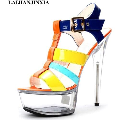 LAIJIANJINXIA New Women Sandal Ankle Strap Open Toe Women Summer 15CM High Heels Platform Sandals Woman Shoes Ladies Sandals