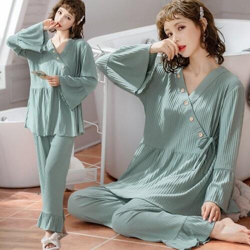 Cute V Neck Button Open for Maternity Mother Nursing Pajamas for Pregnant Women Cotton Pregnancy Feeding Sleepwear Nightwear Set