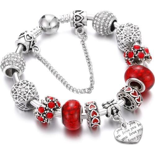 Fashion Heart-Shaped Crown Pendant Bracelets&Bangles Luxury Women Crystal Beaded Charms Bracelet Girls Femme Jewelry Accessories