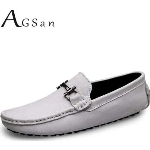 AGSan Genuine Leather Moccasins Shoes Men Luxury Brand Driving Shoes Big Size 37-47 Mens Loafers White Brown Boat Shoes Slip on