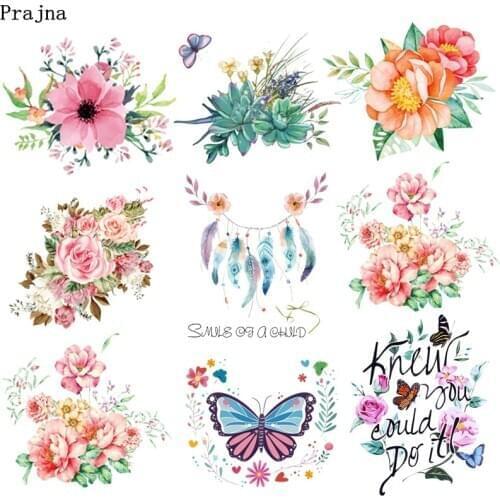 Prajna Colorful Flower Iron On Transfers Vynil Heat Transfer Butterfly Ironing Thermal Patches For Clothing DIY Cartoon Stickers