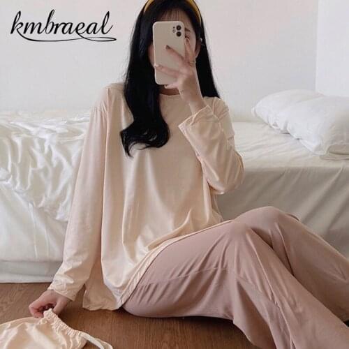 Autumn Pajama Set Women Cotton PJS Long-Sleeved Sleepwear 2 Pcs Student Loose Leisure Pure ColorHomewear Winter Can Wear Outside