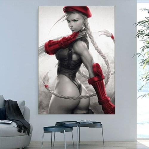 Video Game Poster Cammy White Raised Buttocks Artwork Painting Black White Sexy Girl Fighter Wall Picture for Living Room