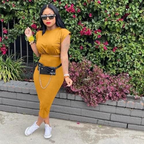 Casual Summer Skirt Suit Two Pieces Sets Solid Crew Neck Shoulder Pad T Shirt Crop Top Sexy Package Hip Skirts Midi Maxi Skirt