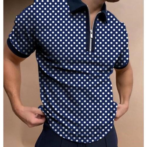 Fashion Patchwork Printing Men Polo Shirts Casual LOOSE Turn-down Collar Zipper Short Sleeve Tops Summer Contrast Color Polka do