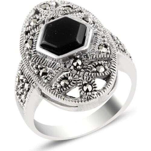 Silver 925 Sterling Onyx & Marcasite Ring