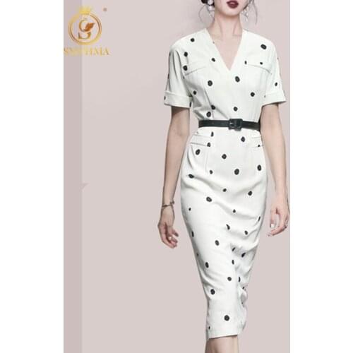 SMTHMA 2021 New Fashion Women Summer Elegant Slim Waist Dot Print Mid-Length Short Sleeve Office Lady Dress With Belt