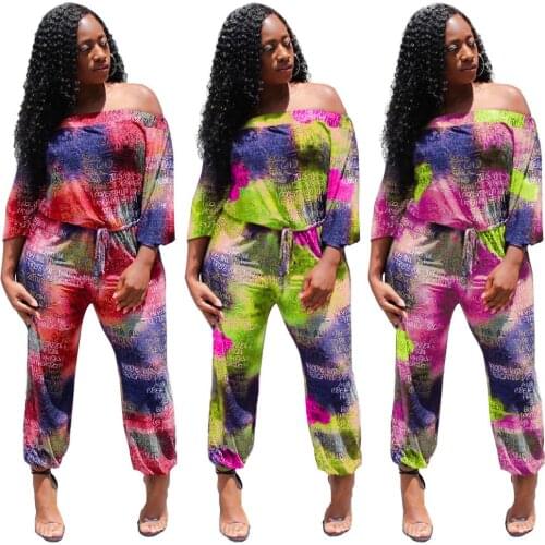 Women Tie-dye Print Sexy Jumpsuit Slash Neck Long Sleeve Sashes Club Sexy Romper Playsuit Overalls