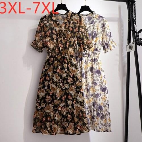 New 2021 Ladies Summer Plus Size Midi Dress For Women Large Short Sleeve Floral Flower V-neck Chiffon Dress 3XL 4XL 5XL 6XL 7XL