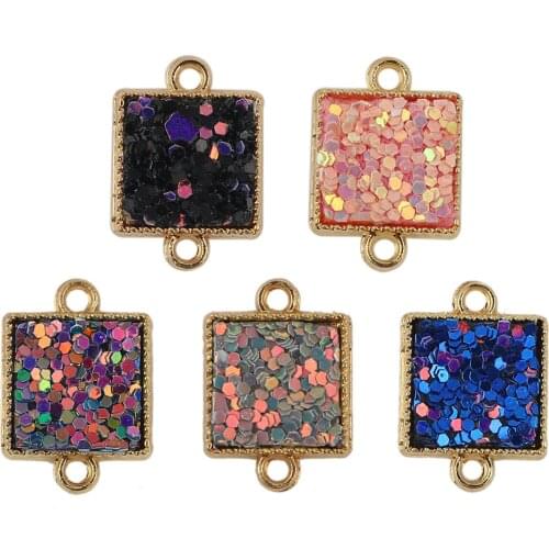 10 PCs Zinc Based Alloy Paillette Sequin Connectors Square Earrings Necklace DIY Gold Plated Dark Purple AB Color 18mm x 12mm