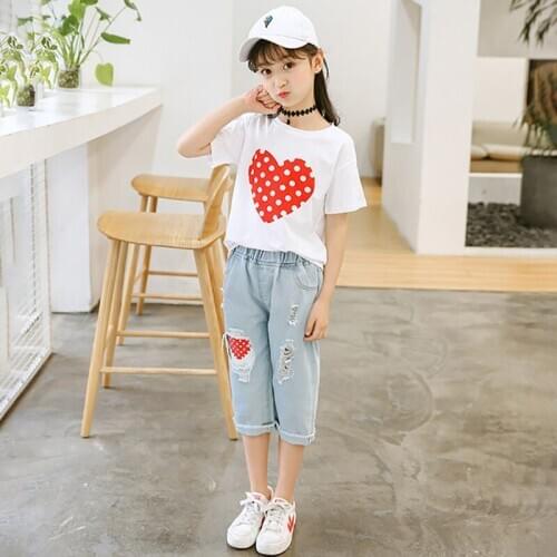 2019 Fashion Pretty Summer Toddler Baby Girls 2PCS Sets Short Sleeve Heart Pattern Tops + Hole Denim Pants Outfit 1-8 Years