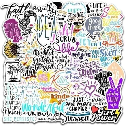 50pcs English Letters Sticker Inspirational Quotes Cartoon For Water Bottle Skateboard Case Helmet Laptop Computer Stickers