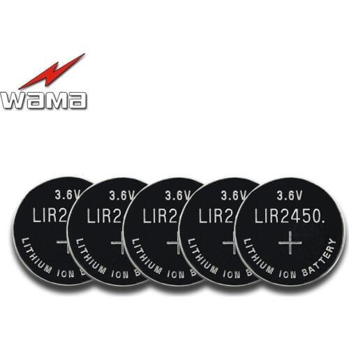 5x Wama 3.6V LIR2450 Rechargeable Batteries 120mAh 500 Times Lithium Coin Cell Button Battery Replaced CR2450 High Quality New