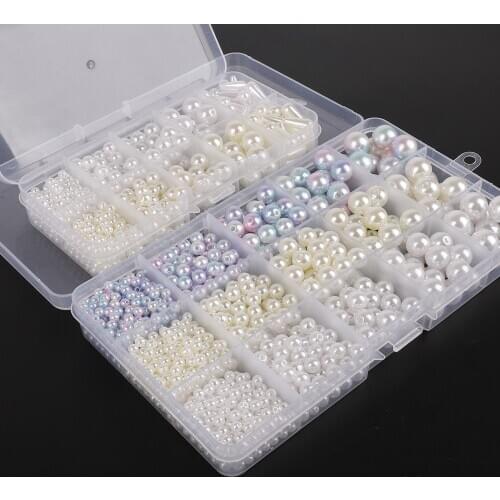 600/1300pcs/lots mixed size and white/ivory/rainbow colors Plastic ABS Pearl Beads Box for DIY Jewelry and decorate clothes