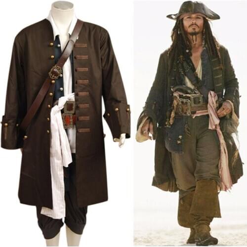 Free Shipping Jack Sparrow Cosplay Clothing Pirates Of The Caribbean Jacket Vest Belt Shirt Pants Costume Halloween Xmas Party