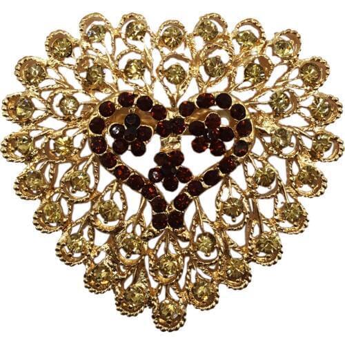 Champagne Gold Crystal Heart Brooch Pin Fashion Rhinestone Jewelry Women Wedding Pins Large Brooches For Women BRO43