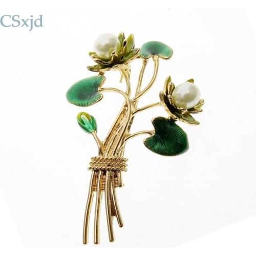 CSxjd Fashion jewelry Enamel Simulated Pearl Brooch Lotus Flower For Womens Bijoux