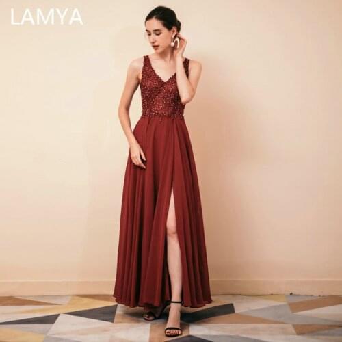 LAMYA Long A Line Prom Dress Elegant 2021 Women Chiffion V Neck Formal Party Gowns Vestidos Elegantes High Split Sleeveless