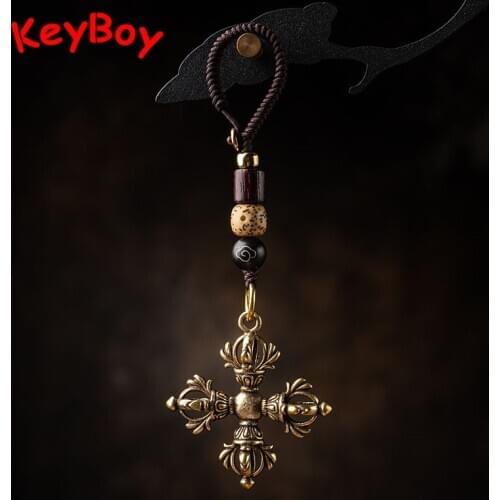 Cross Vajra Brass Car Key Chain Pendant Buddhism Dharma Handmade Woven Lanyard Bodhi Beads Motorcycle Keychain Rope Hangings