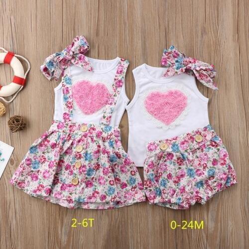 Citgeett Summer Newborn Baby Girl Sister Matching Outfit Clothes Sleeveless Heart Tops T-shirt Pants Skirts Valentine Set