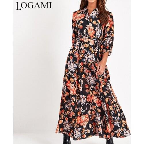 LOGAMI Turn-down Collar Print Long Dress Women Bohemian Beach Dresses Womens Casual Dress