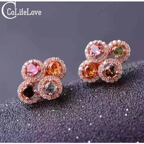 Cute Colorful Stud Earings Natural Colorful Tourmaline Earrings Real 925 Solid Sterling Silver Stud Earrings for Woman Gift