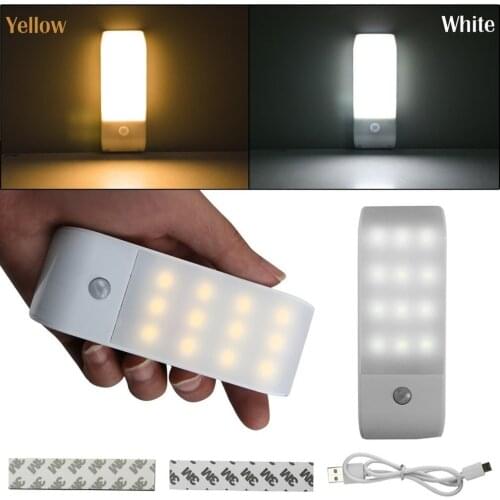 New 12LED Wardrobe Night Light PIR Infrared Stick-on Rechargeable USB Motion Detector Induction Sensor Closet Corridor Lamp