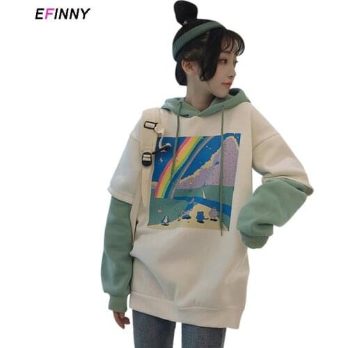 Rainbow Print Hooded Fake Two Pieces Plus Velvet Thick Hooded Autumn And Winter Coat US Ship
