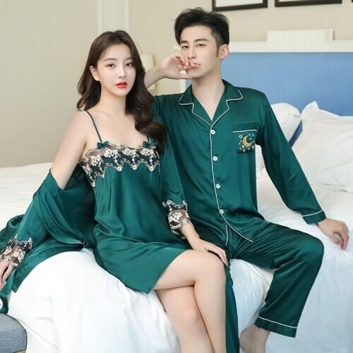 New Luxury Satin Lace Dark Green Pajamas Sets Couple Sleepwear Pijama Night Suit Men & Women Casual Home Clothing