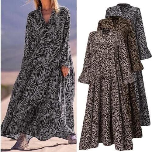 Female Vintage Long Maxi Dress ZANZEA Floral Printed V Neck Robe Femme Ladies Casual Long Sleeves Ruffle Vestidos Oversized 5XL