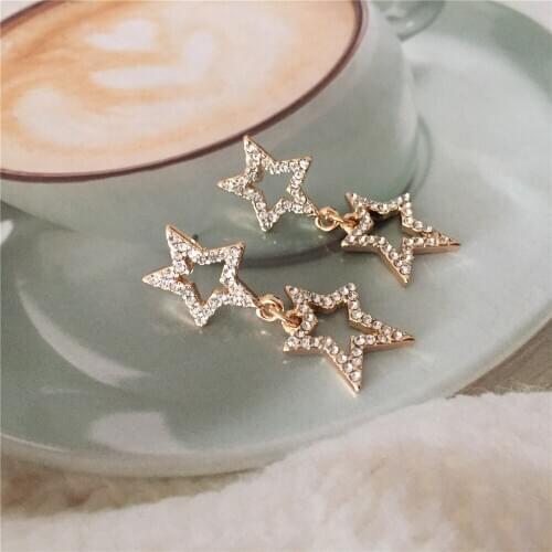 Romantic Shiny Gold Color Plating Star Flower Linked Drop Earrings For Women Girl Dainty Delicate Lovely Jewelry