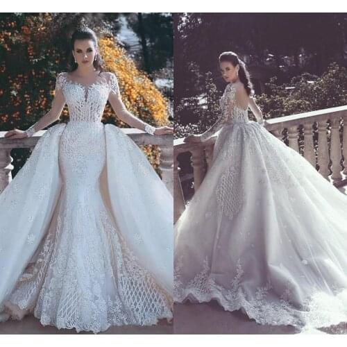 Mermaid Lace Wedding Dresses With Detachable Train luxury sparkly Sleeves Beaded Tulle Overskirt Dubai arabic Bridal Gowns