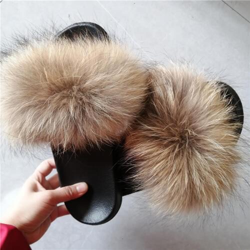 Fur Slippers Real Fox Fur Slippers Women Cute Plush Fluff Slides Luxury Slippers Flip Flops Women Raccoon Fashion Ladies Shoes