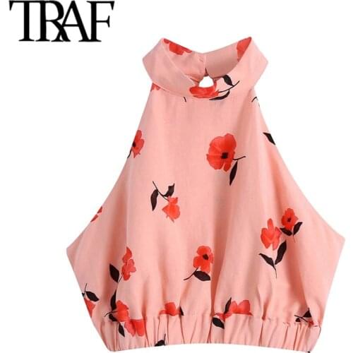 TRAF Women Sexy Fashion Backless Floral Print Cropped Blouses Vintage Halter Neck Elastic Hem Female Shirts Chic Tops