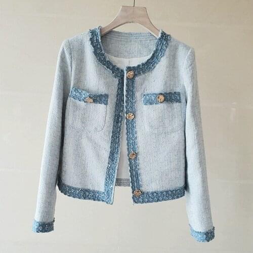 New Arrival Runway Womens French Luxury Blue Casual Tweed Jacket Coat Elegant Lovely Top Female Outerwear Casacos