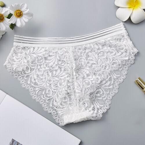 Women Sexy Panties Hips Perspective Lace Mesh Panties Female Hollow Solid Color Briefs